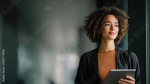 Confident woman with tablet looking away