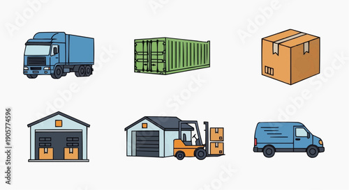 Logistics Scene with Truck, Container, Box, Warehouse, and Forklift in Industrial Setting from Direct Viewpoint