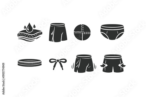 Swimwear and beachwear icon set. Containing shorts, swim, water, summer, beach, leisure, style, fashion, accessory, skin, sports, fit, leg, fabric, activity, comfort.
