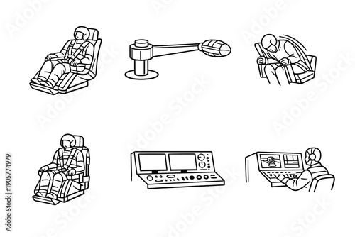 Space Travel Icon Set: Astronaut, Control Panel, Spacecraft, Docking, Launch, Flight, Equipment