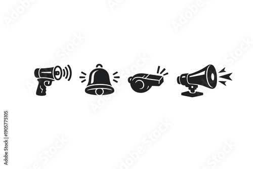 Alert and notification icon set, including siren, bell, projector, and megaphone.