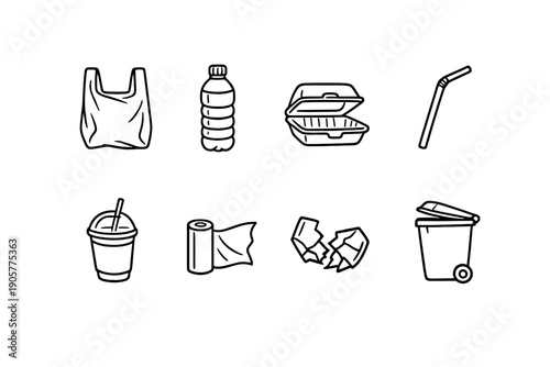 Waste Management Icon Set. Containing recycling, trash, plastic, bottle, bin, litter, cleanup, pollution and more.