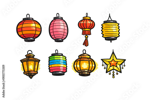 Decorative Icons Set: Lanterns, Lights, Festive, Celebration, Brightness, Glow, Hangings, Festival, Illumination, Joy