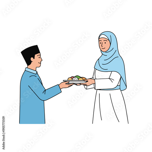 Man giving a tray of fruit to a woman in hijab