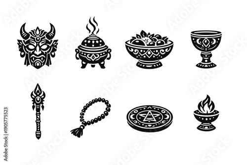 Fantasy and magic icon set. Containing potion, spell, wand, crystal, cauldron, chalice, amulet, and more.