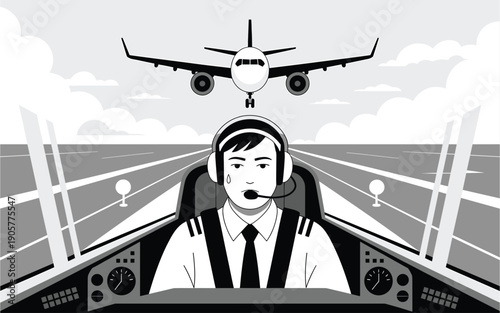 A black and white vector illustration of a pilot sitting in the cockpit with an airplane on the runway in the background.