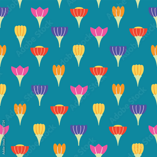 Ditsy Folk Art Tulip Seamless Pattern turquoise