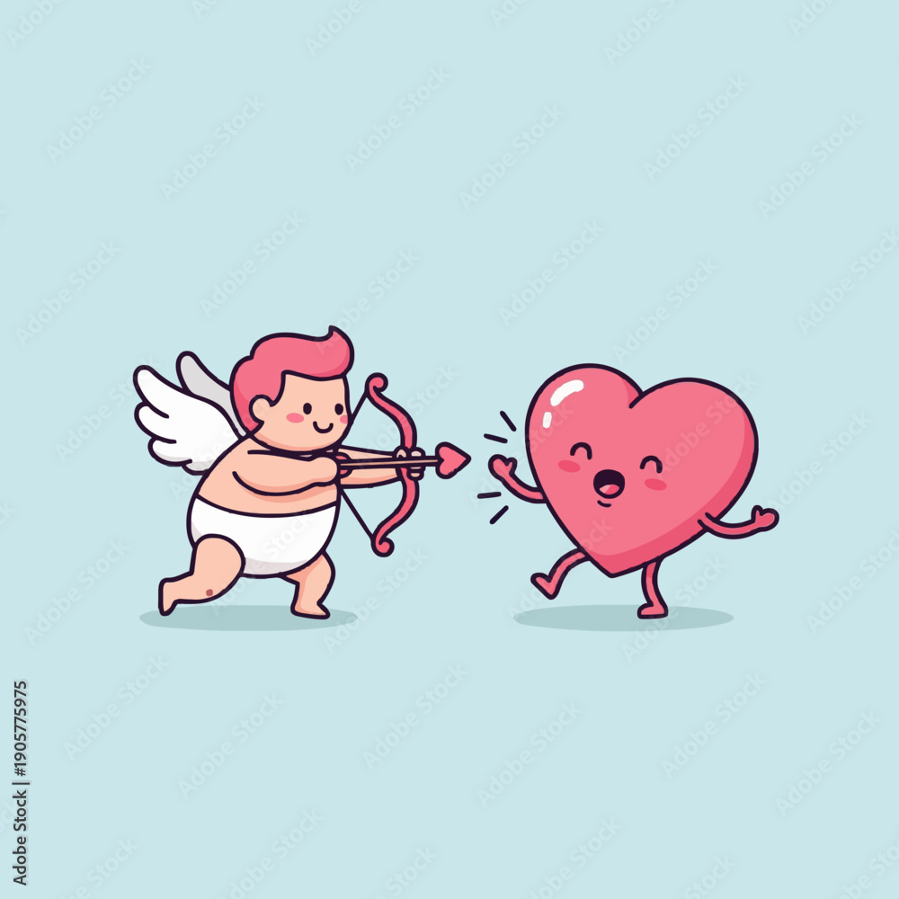 Obraz premium Adorable cartoon Cupid character aims his bow and arrow at a joyful, walking heart, symbolizing the playful and unexpected nature of falling in love and romance
