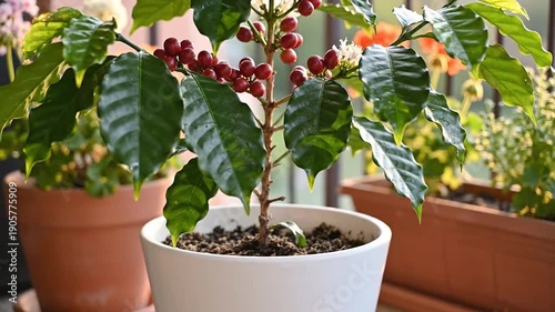 A small coffee plant with red berries and flowers in a white pot