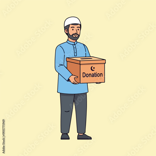 Man in traditional clothing holding a donation box with a charitable organization symbol
