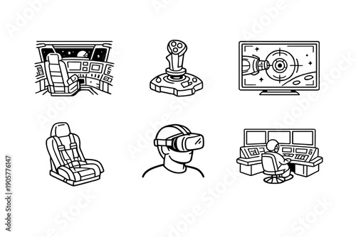 Virtual Reality and Gaming Icons Set. Including joystick, headset, cockpit, monitor, chair, gamer, control, space and more.