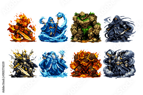 Fantasy Magic Icons Set: Fire, Water, Earth, Ice, Lightning, Shadow, Warrior, Sorcerer