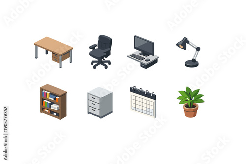 Office and Workspace Icons Set: Desk, Chair, Computer, Lamp, Calendar, Plant, Bookshelf, Drawer