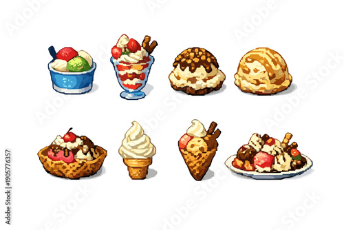 Dessert icons set. Including ice cream, sundae, cone, toppings, bowl, scoop, chocolate, fruit, waffle, and more.