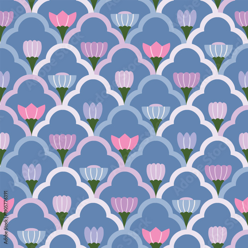 Vintage Moroccan Arch Pattern with Tulips-light blue 