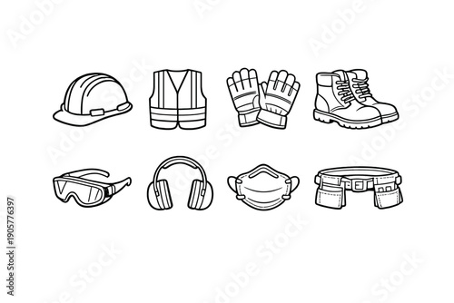 Safety and Protection Icon Set: Helmets, Gloves, Vests, Goggles, Headphones, Masks, Boots, Belts