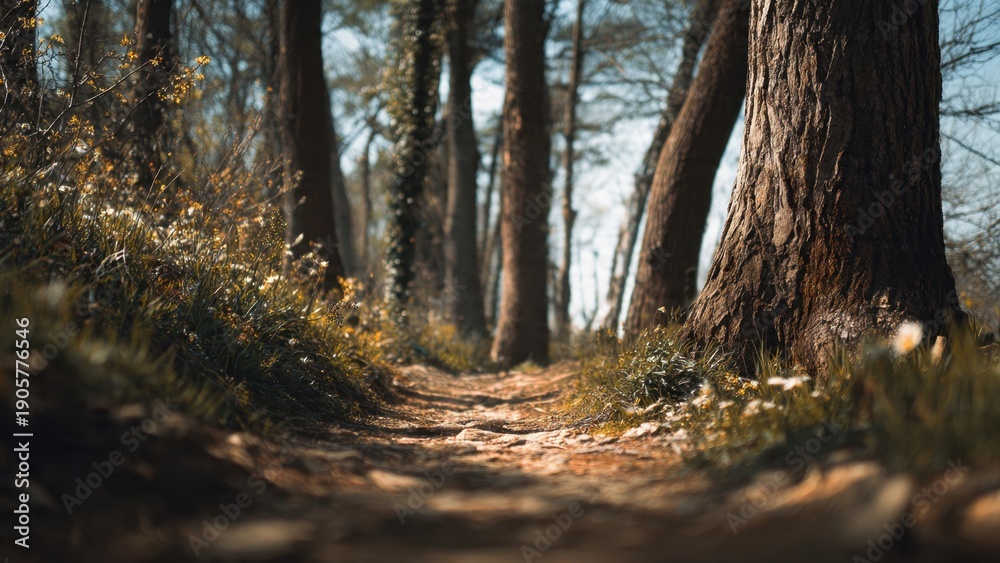 Fototapeta premium Forest path with sunlit trees