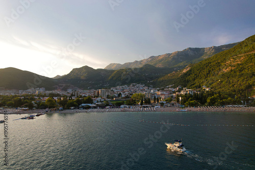 Budva Riviera at Sunset, Montenegro Coastline Aerial View