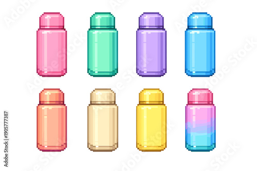 Colorful beverage bottle icon set. Including drink, hydration, container, refreshment, style, color, cap, plastic, liquid, health, travel, reusable, vintage, retro, design,