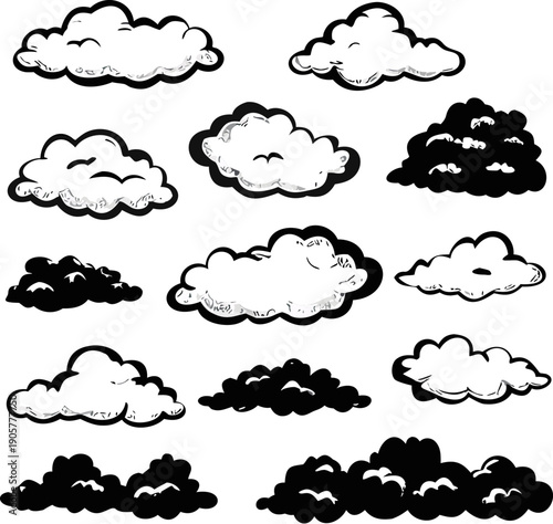 A collection of various clouds in different shapes and shades of gray and black Vector