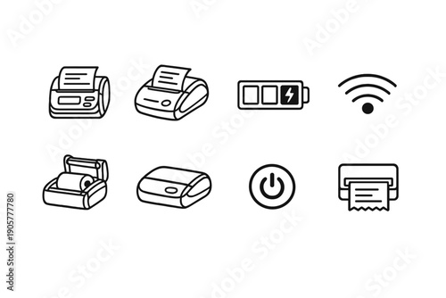 Printer and technology icon set. Featuring printer, battery, wireless, connection, receipt, toggle, sheet, and more.