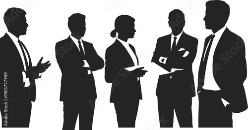 Business professionals silhouette group corporate meeting discussion, teamwork collaboration leadership communication office staff workplace illustration concept flat vector design stock