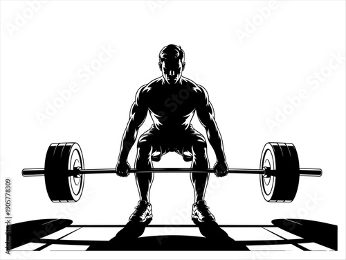 Silhouette of muscular man performing deadlift with heavy barbell, strength training posture