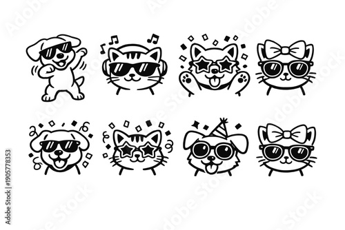 Pets and animals icon set. Featuring dog, cat, puppy, kitten, sunglasses, party, fun, cute, playful, and more.