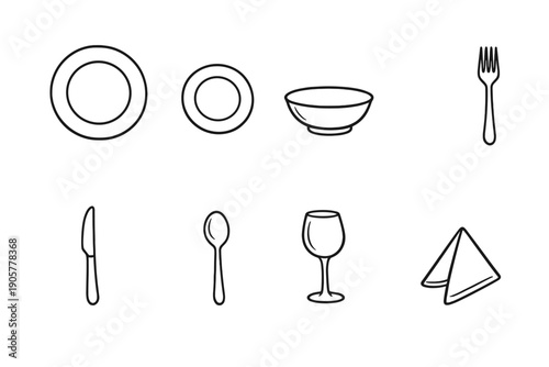 Dining and kitchen icon set. Containing plate, bowl, fork, knife, spoon, glass, napkin, and more.