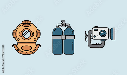 Vintage diving equipment icons set featuring old deep sea diver helmet oxygen tanks and underwater camera, flat vector nautical exploration tools
