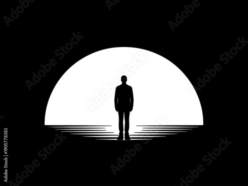 Silhouette of lone man standing before semicircle sun with red ground lines, contemplative mood