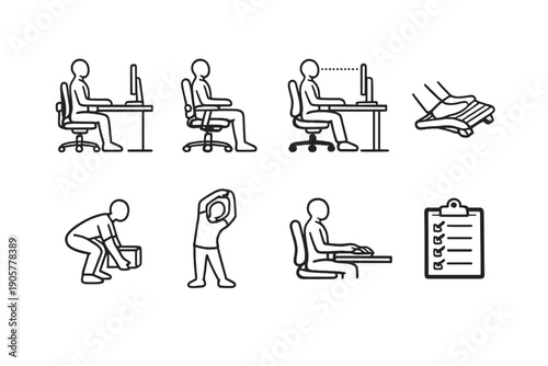 Ergonomic icons set. Containing posture, seated, exercise, stretches, lifting, checklist, computer, workspace and more.