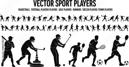 Large collection of black silhouettes featuring athletes playing various sports including baseball golf tennis and soccer isolated on white background for athletic design and coaching