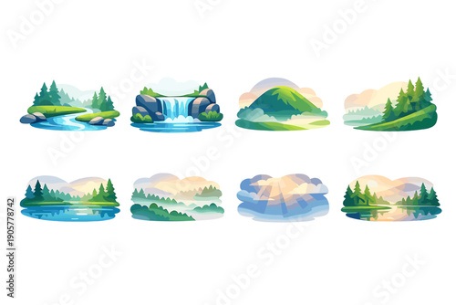Nature and landscape icon set. Including mountains, rivers, lakes, waterfalls, forests, hills, meadows, and clouds.