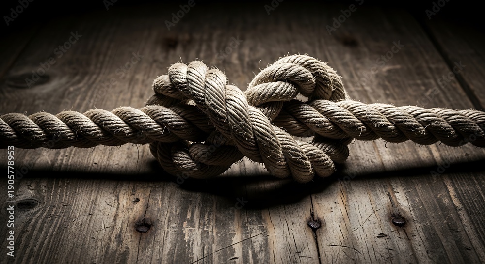 Obraz premium Rope Knot on Wooden Surface Closeup.