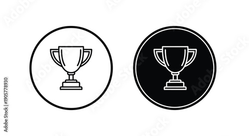 Simple line art icon set depicting a classic trophy award in both outline and filled circle styles