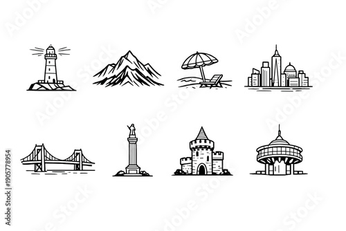 Travel and Landmark Icons Set: Lighthouse, Mountain, Parasol, City, Bridge, Statue, Castle, Pavilion