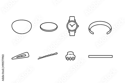 Fashion accessories icon set. Featuring watch, bracelet, hairpin, clip, ring, band, earring, and more.