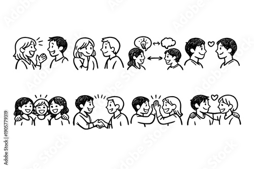 Communication and relationship icon set. Containing dialogue, interaction, connection, empathy, friendship, partnership, and more.