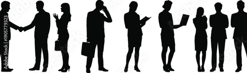 Business professionals silhouette handshake communication teamwork, office staff collaboration corporate interaction workplace dynamics illustration concept flat vector design stock