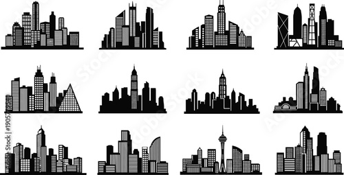 WebMega Collection of Twelve Global City Skyline Silhouette Vector Icons Featuring Modern Architecture Skyscrapers and Urban Landmark Buildings for Graphic Design
