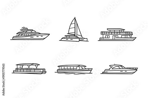 Boat and yacht icon set. Featuring sailboat, motorboat, catamaran, ferry, cruise, and yacht.
