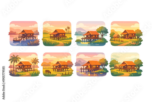 Nature and landscape icon set. Featuring houses, lakes, trees, mountains, rivers, fields, gardens, and more.