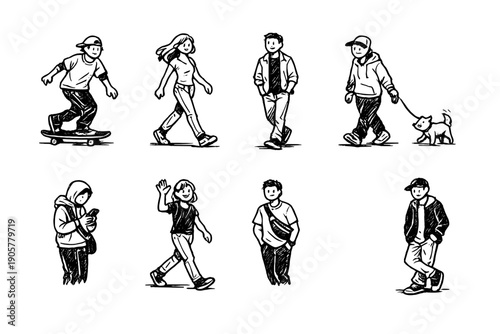 Character Icons Set: Skater, Walker, Dog Walker, Casual, Wave, Mobile, Backpack, Hoodie