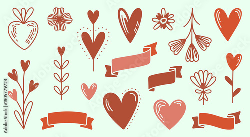 Rustic Valentine doodle set with hearts flowers and ribbon banners