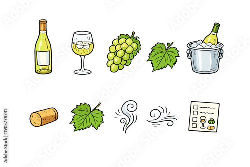 Wine and vineyard icons set. Featuring bottle, glass, grapes, leaves, cork, bucket, swirl, and more.