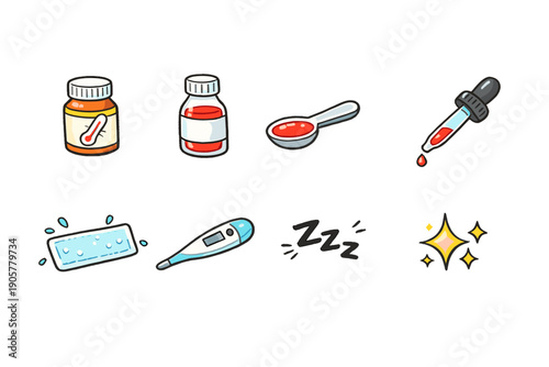 Health and medicine icon set. Including medication, thermometer, liquid, treatment, symptom, dosage, wellness, remedy and more.