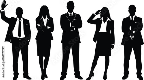 WebSet of confident business people silhouettes in professional formal suits and dresses standing in various powerful poses isolated on white background for corporate concept