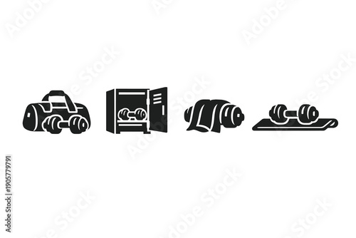 Fitness and gym icon set. Including weights, dumbbells, equipment, training, exercise, strength, workout, health and more.