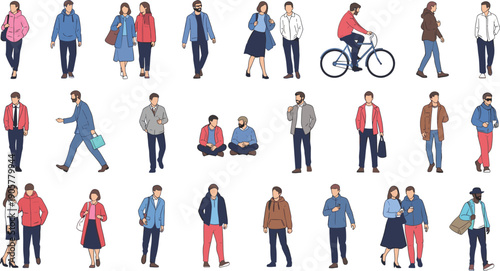 WebSet of diverse people characters in flat outline style performing daily activities including walking cycling and sitting together isolated on white background